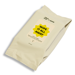 Beige facial cleansing wipe with a yellow label on a white background